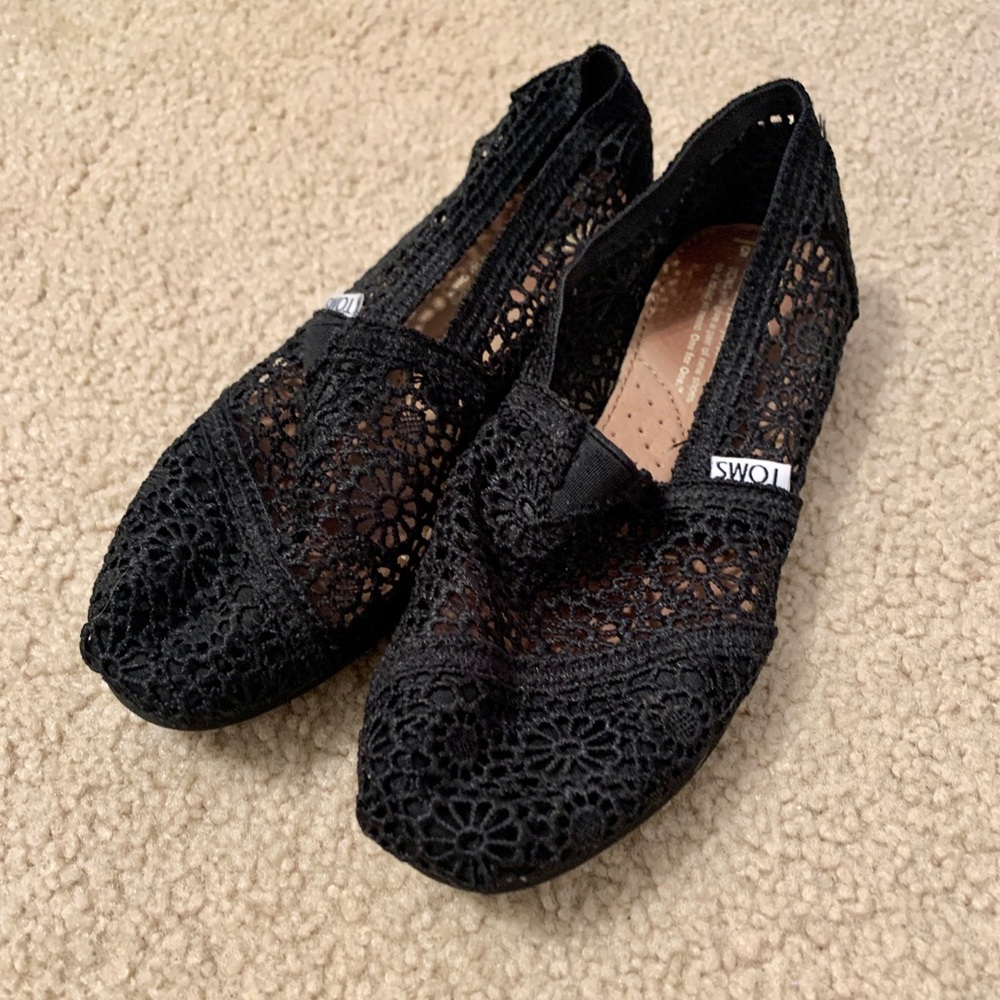 TOMS Black Lace Crochet Slip On Shoes